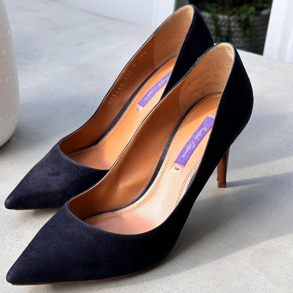 Elegant Ralph Lauren Purple Label: Black Suede Pumps with Wood Heels